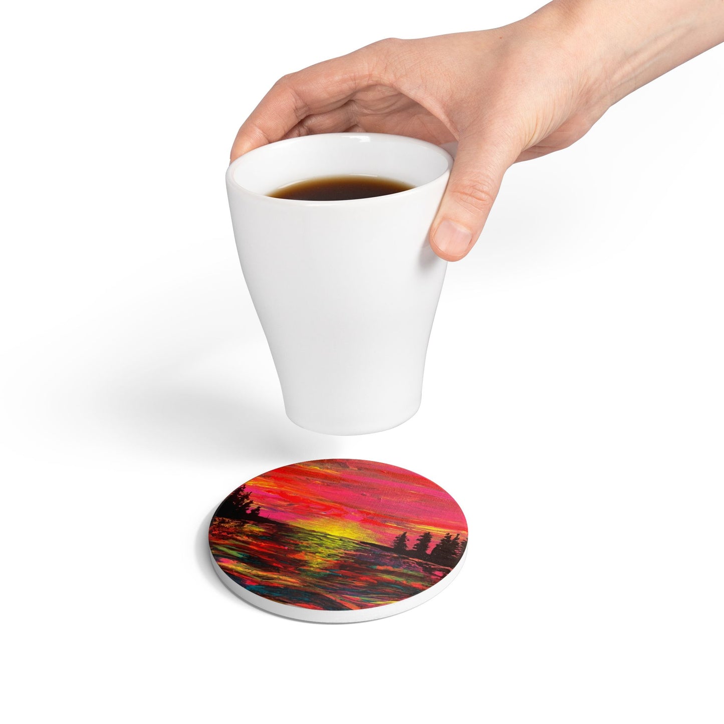 Vibrant Sunset Ceramic Coaster | Artistic Home Decor, Drinkware Accessory, Gift for Nature Lovers, Kitchen Aesthetic, Eco-Friendly