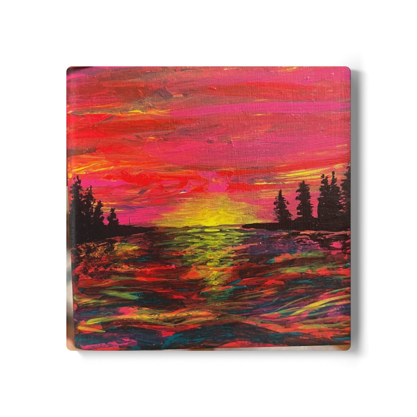 Vibrant Sunset Ceramic Coaster | Artistic Home Decor, Drinkware Accessory, Gift for Nature Lovers, Kitchen Aesthetic, Eco-Friendly