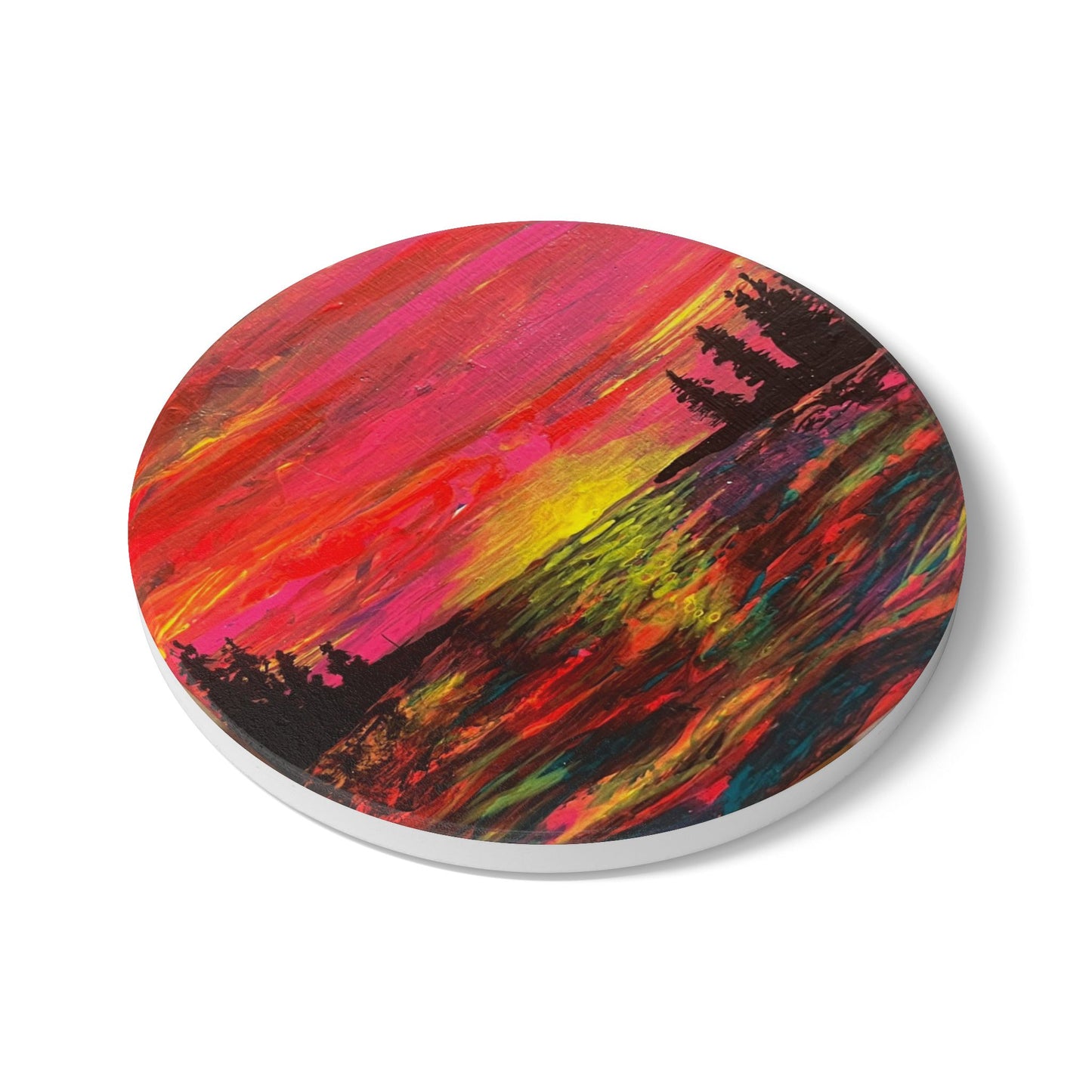 Vibrant Sunset Ceramic Coaster | Artistic Home Decor, Drinkware Accessory, Gift for Nature Lovers, Kitchen Aesthetic, Eco-Friendly