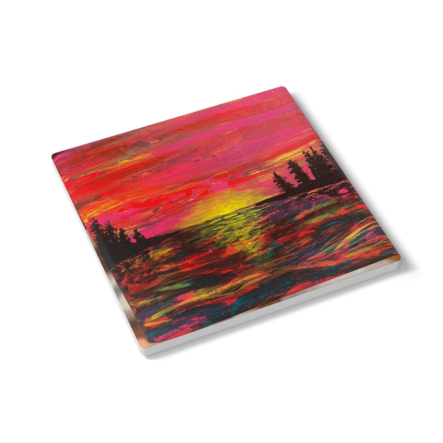 Vibrant Sunset Ceramic Coaster | Artistic Home Decor, Drinkware Accessory, Gift for Nature Lovers, Kitchen Aesthetic, Eco-Friendly