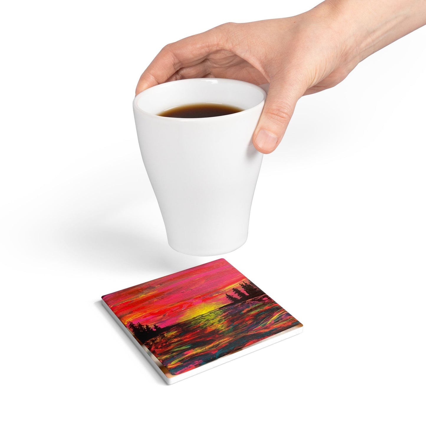 Vibrant Sunset Ceramic Coaster | Artistic Home Decor, Drinkware Accessory, Gift for Nature Lovers, Kitchen Aesthetic, Eco-Friendly