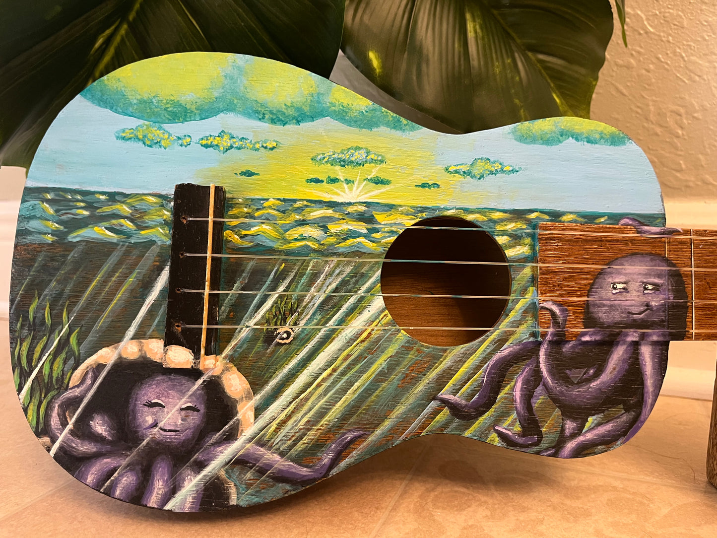Hand-Painted Acoustic Guitar/ ukelele – Ocean & Octopus Design | Unique Art Instrument & Home Décor