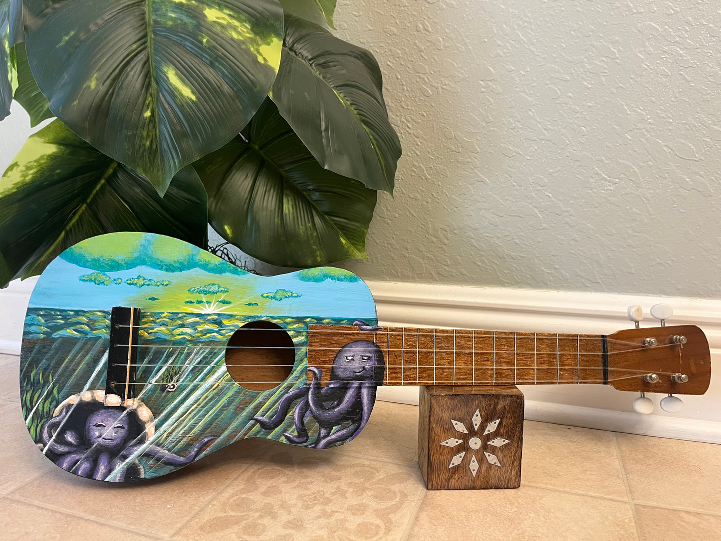 Hand-Painted Acoustic Guitar/ ukelele – Ocean & Octopus Design | Unique Art Instrument & Home Décor